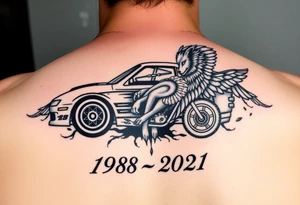 Dale Earnhardt car on it with the year 1958 - 2021 intertwined with a motorcycle on it with guardian angel wolves tattoo idea