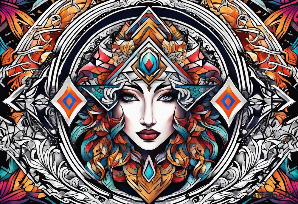 Bold geometric tapestry trident in colour on arm tattoo idea