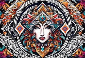 Bold geometric tapestry trident in colour on arm tattoo idea