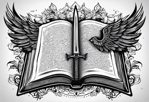 an open book with a sword through it, wings and sparks surrounding the book. tattoo idea
