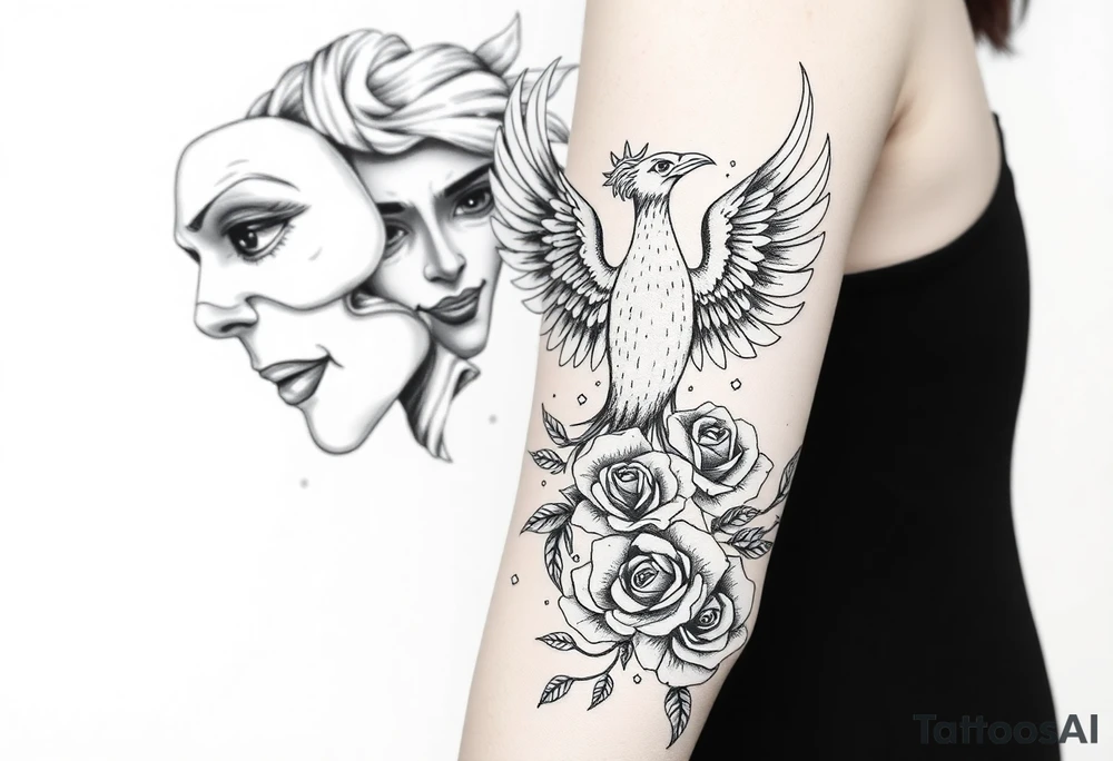 two masks, the one behind crying and the one in front smiling, a phoenix rising from the ashes, the writing "real hasta la muerte" and some roses ending on the hand tattoo idea