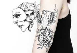 two masks, the one behind crying and the one in front smiling, a phoenix rising from the ashes, the writing "real hasta la muerte" and some roses ending on the hand tattoo idea