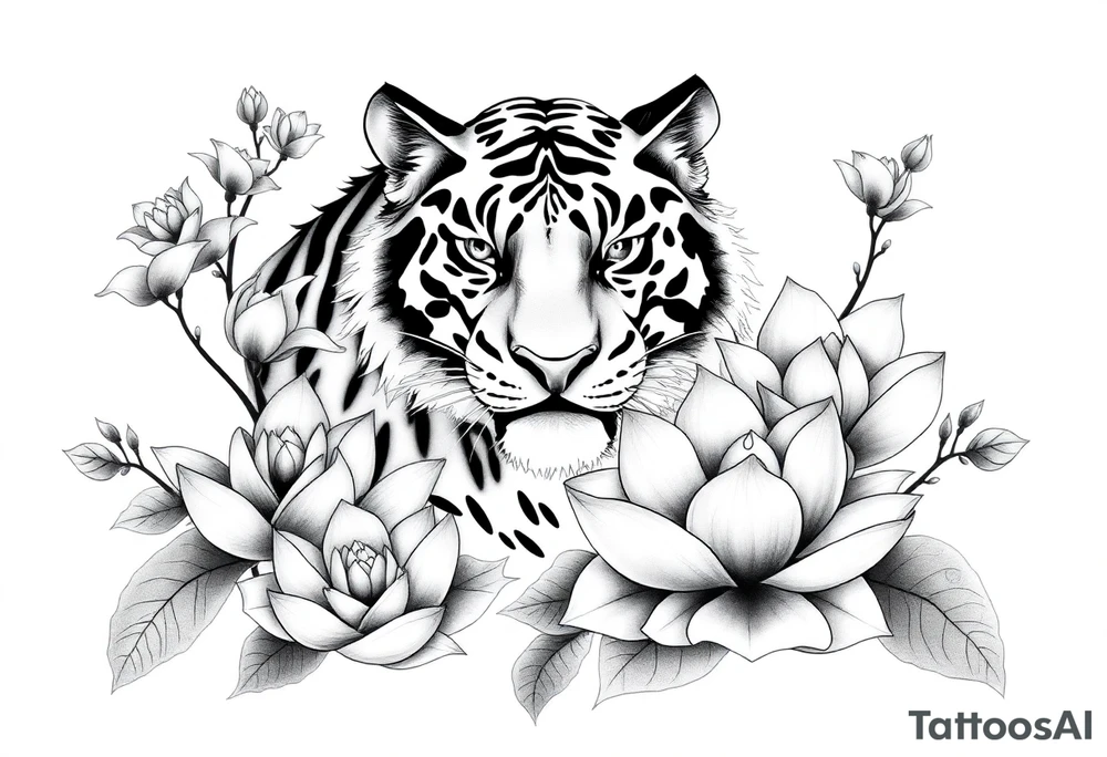 fierce tiger emerging through blooming lotus flowers in mist tattoo idea