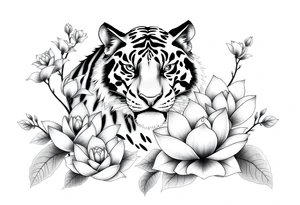 fierce tiger emerging through blooming lotus flowers in mist tattoo idea