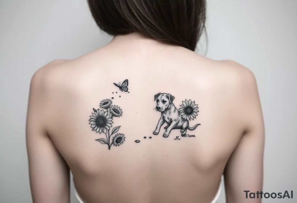 Small tattoo of Great Dane puppy playing in sunflowers and chasing a butterfly. tattoo idea