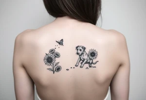 Small tattoo of Great Dane puppy playing in sunflowers and chasing a butterfly. tattoo idea