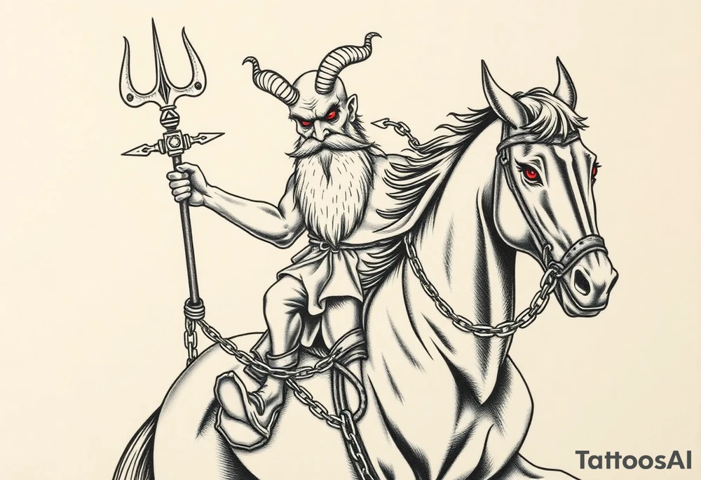 An insanely weird wild crazy man with the biggest eyes I’ve ever seen with a long beard and bald head and goat goats horns riding on the back of a Clydesdale horse holding the devils trident in 1 hand and the other hand holding a chain that’s around the horses neck hanging on as if his life dependent on it the horse having bright red eyes smoke coming out of the nose tattoo idea