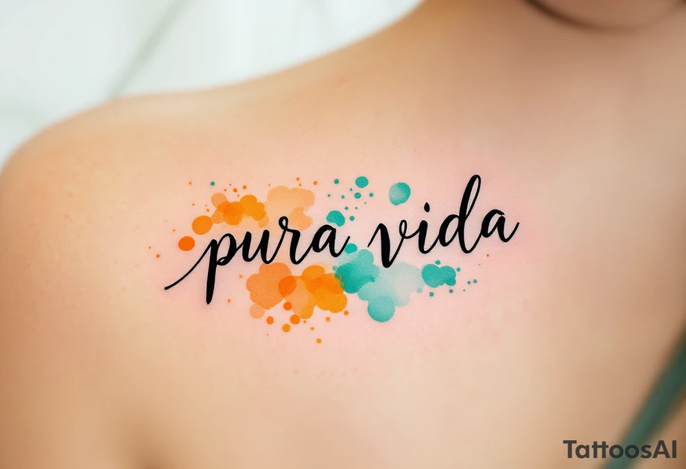 Handwritten “Pura Vida” with watercolor splashes of turquoise, sunset orange, and seafoam green. tattoo idea