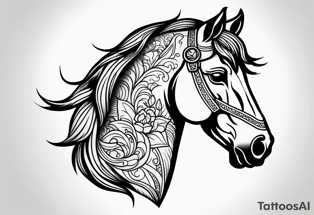 A horse head tattoo with a traditional design, 8x8 cm, in color. tattoo idea