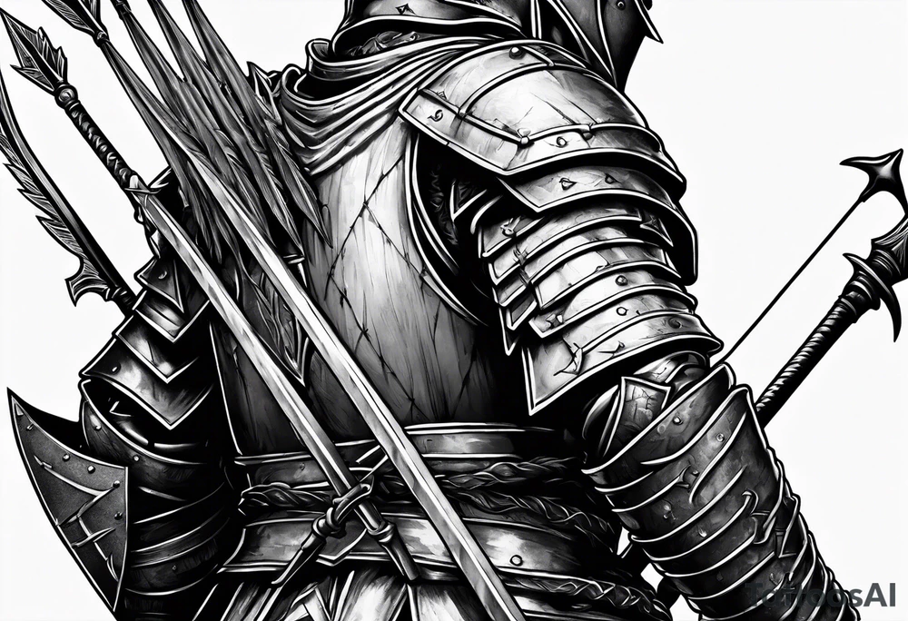 Side profile of a dying knight on his knees with five arrows sticking out of his back tattoo idea