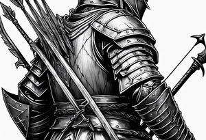 Side profile of a dying knight on his knees with five arrows sticking out of his back tattoo idea