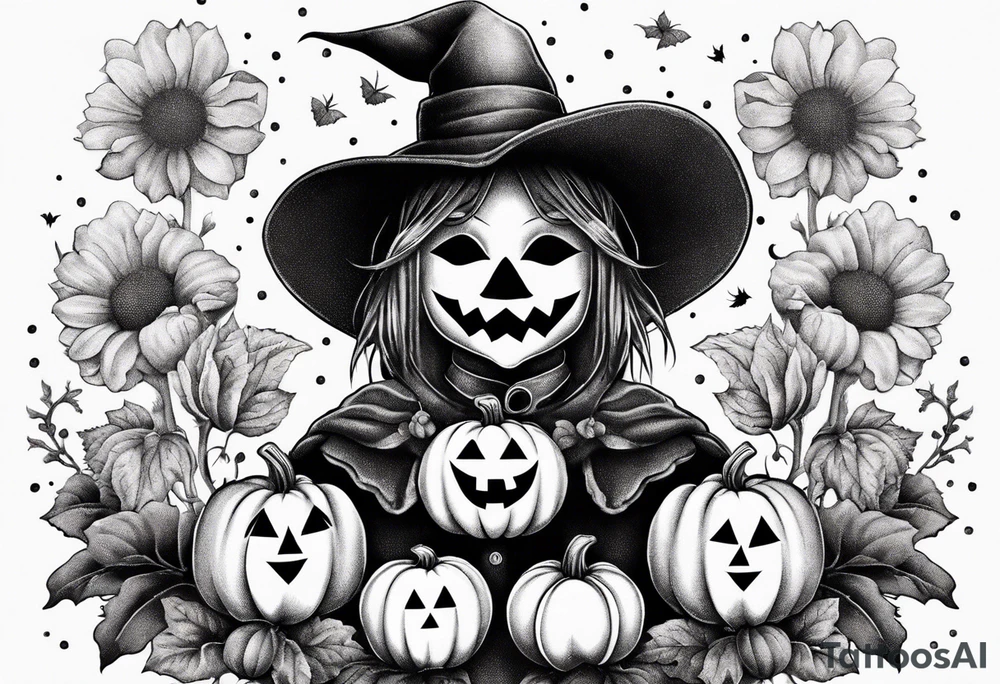Scarecrow with pumpkins and flowers tattoo idea