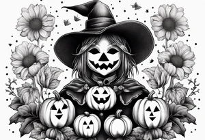 Scarecrow with pumpkins and flowers tattoo idea