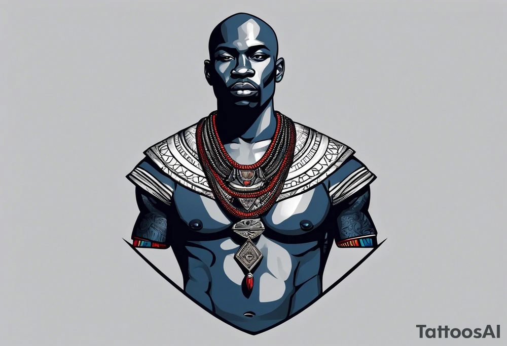 Black-skinned bald african warrior. He wears a simple and small silver crown. He uses blue and red necklaces tattoo idea
