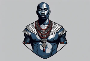 Black-skinned bald african warrior. He wears a simple and small silver crown. He uses blue and red necklaces tattoo idea