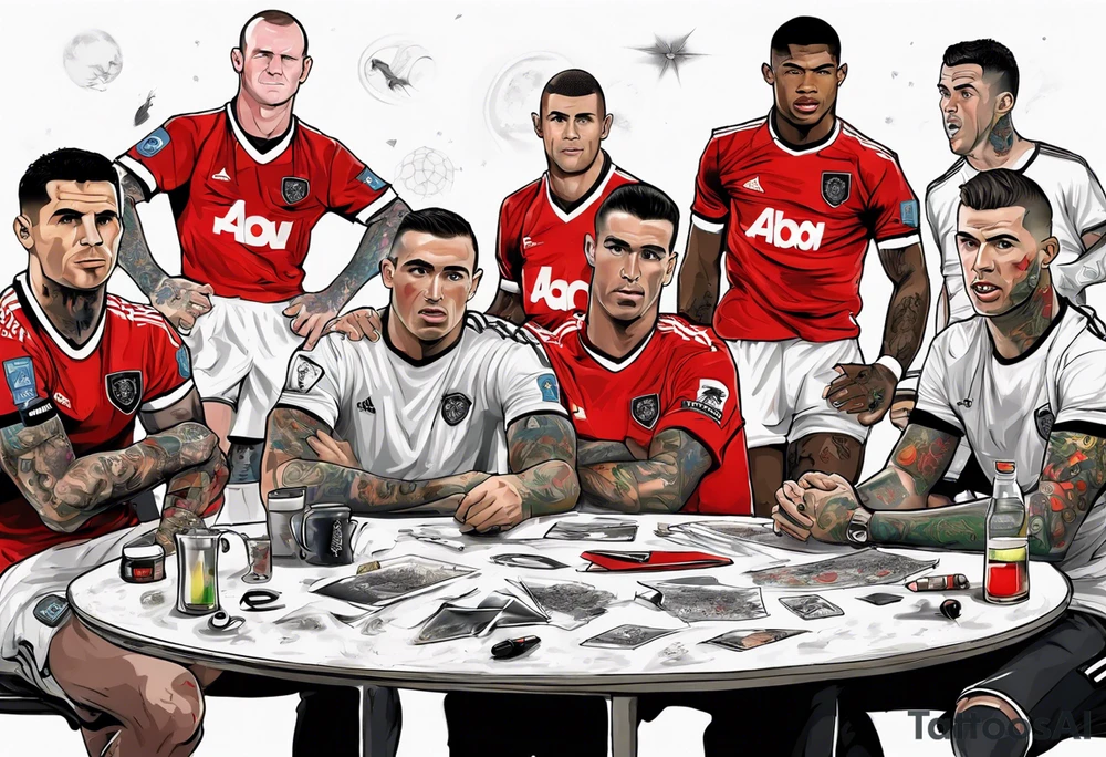 Rooney, Ronaldo, Best, Charlton, Cantona and Rashford at a table tattoo idea