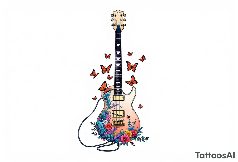 An electric guitar plugged into an amp with butterflies flying around it in memory of tattoo tattoo idea