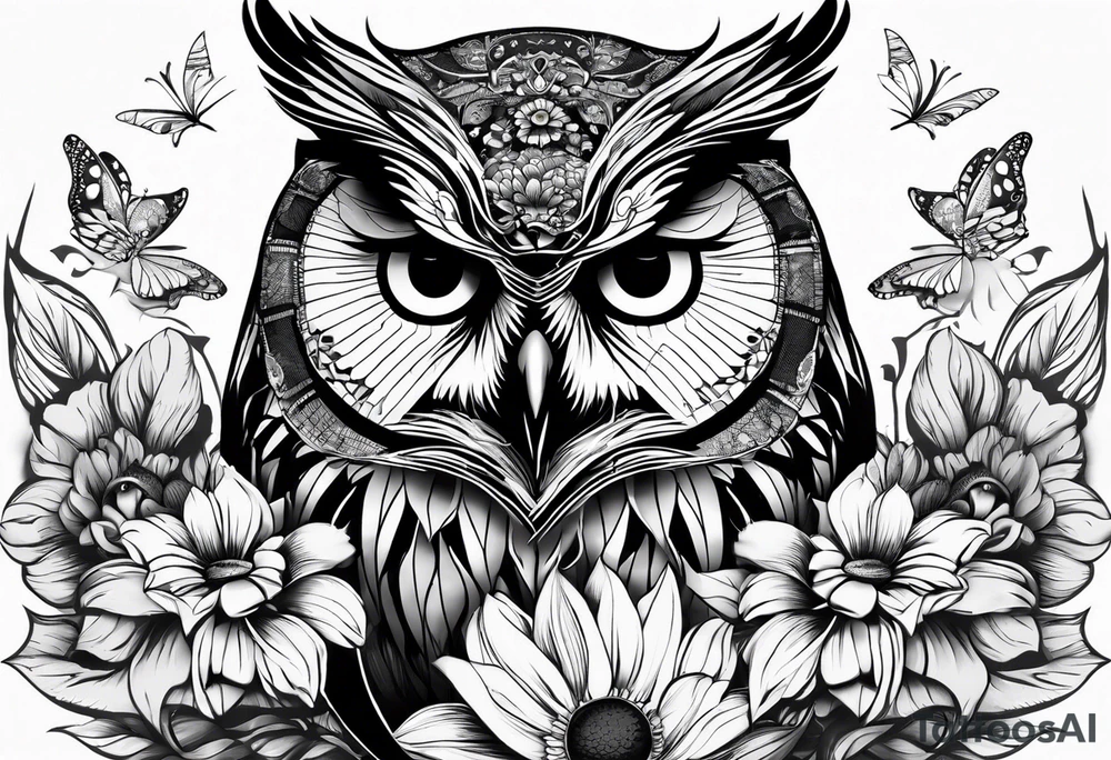 Sleeve with an owl, sunflower and butterfly tattoo idea
