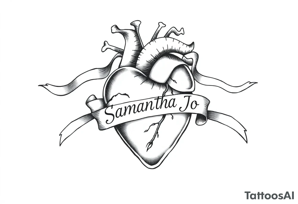 anatomical heart with flowing ribbons with the name Samantha Jo tattoo idea