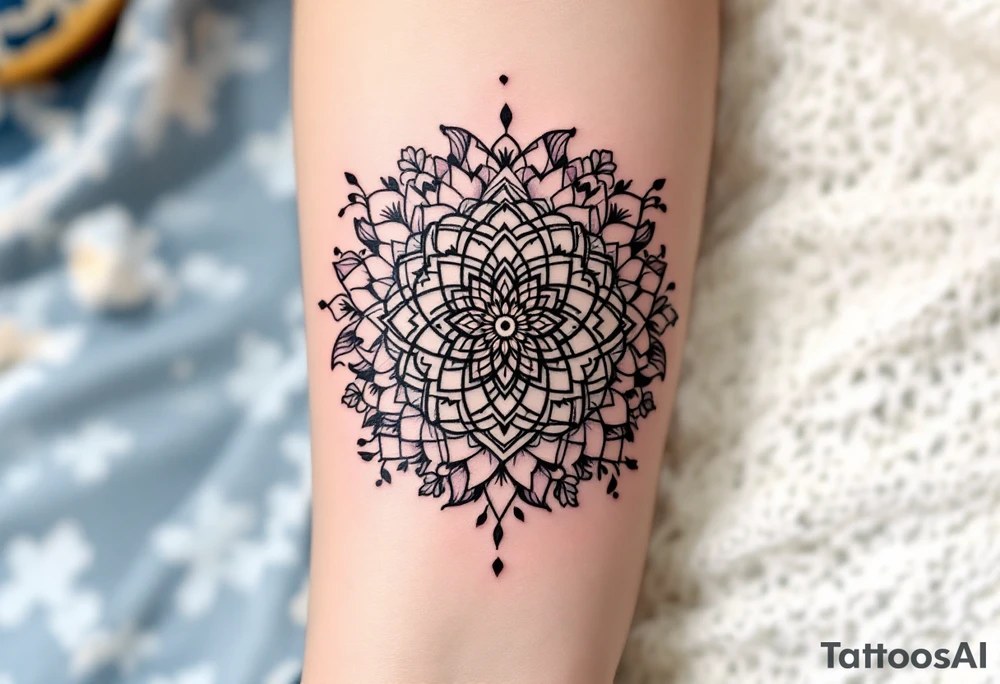 A delicate, intricate mandala placed in a circle surrounded by soft, flowing flowers, symbolizing harmony, balance, and femininity. tattoo idea