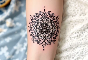 A delicate, intricate mandala placed in a circle surrounded by soft, flowing flowers, symbolizing harmony, balance, and femininity. tattoo idea