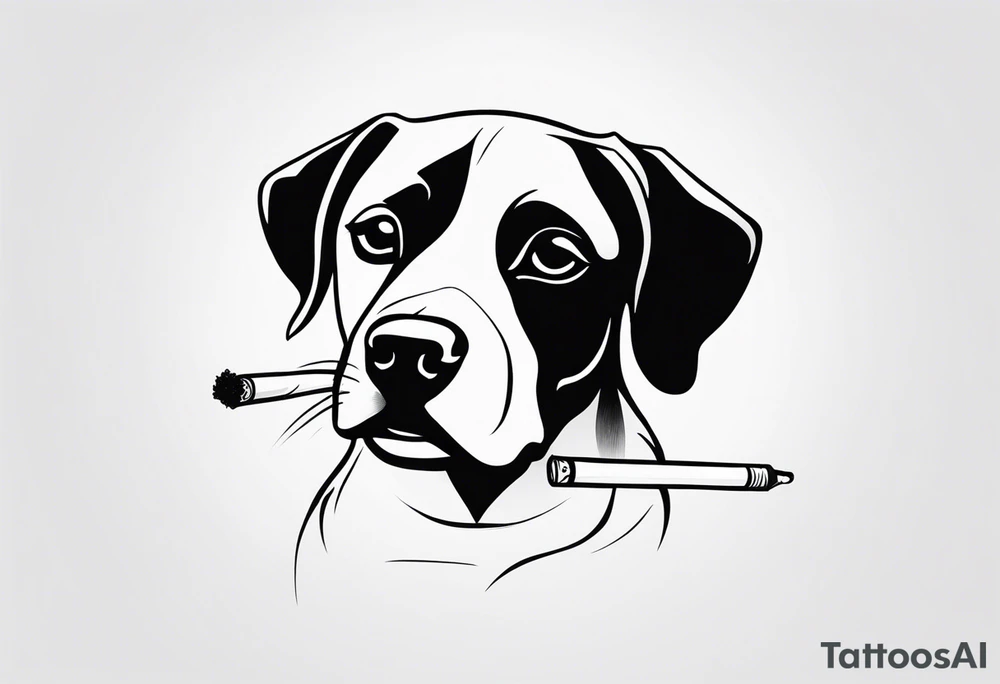A black and white sketch of a cute dog with large, sad eyes, sitting and smoking a cigarette, with smoke swirling around its head tattoo idea