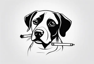 A black and white sketch of a cute dog with large, sad eyes, sitting and smoking a cigarette, with smoke swirling around its head tattoo idea