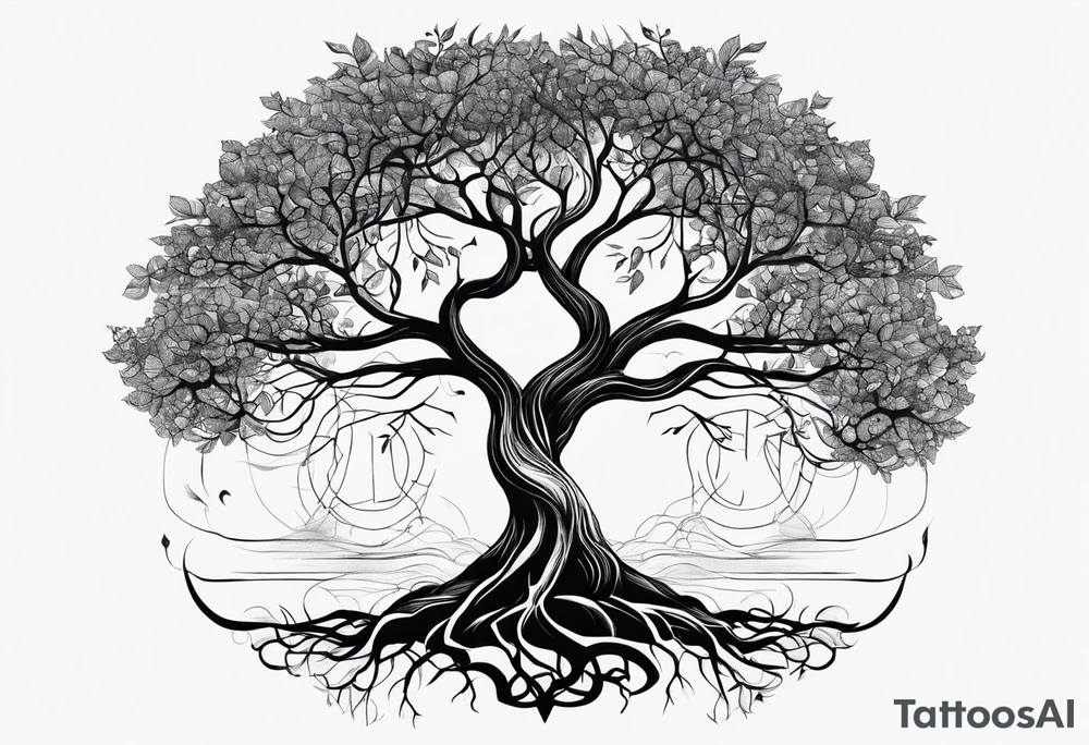 A tree growing from roots within body, with branches reaching outward with the text "life comes from you not at you" tattoo idea