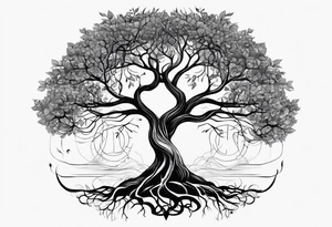 A tree growing from roots within body, with branches reaching outward with the text "life comes from you not at you" tattoo idea