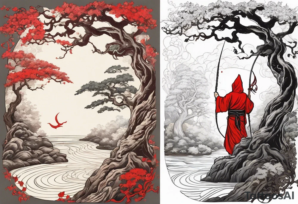 Three of bows.  Hooded man in white. Right hand up. Left hand holding a bow. A one red and one white snake intertwining going up the front of the robe. Large oak tree behind him. And two paths going around him and the tree. tattoo idea