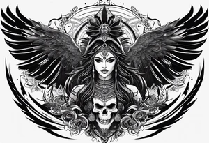 black kali, goddess pirate, alien, angel, pachamama, valkrye, warrior, skull, lotus azul, wing, eagle, zenza resonance, stars, 5D, anahata chakra tattoo idea