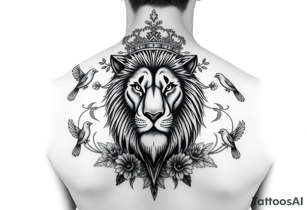 powerful majestic lion with a crown, surrounded by floral ornaments and birds tattoo idea