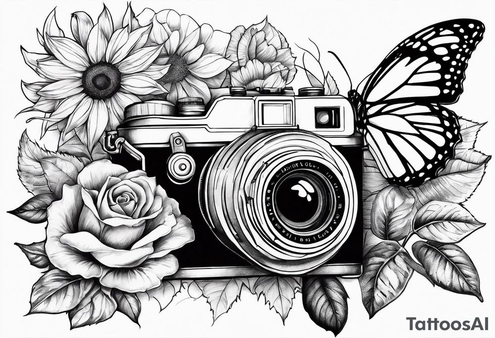 Flower : rose , sunflower, camera, butterfly tattoo idea