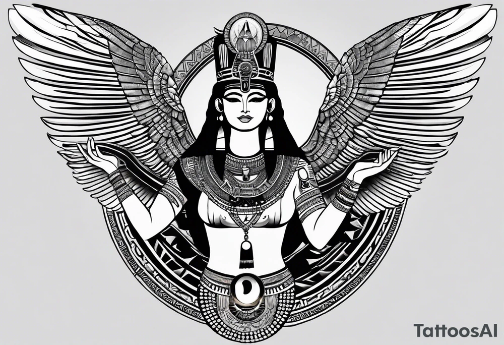 black and white Egyptian goddess Isis, who is often depicted as a woman with outstretched wings, holding an ankh (a symbol of life) in one hand and a lotus flower in the other. Her headdress often includes a throne or a solar disk. The tattoo design can vary in style and size, but it typically aims to capture the essence of this revered Egyptian deity, emphasizing her beauty, power, and maternal qualities. The choice of colors and additional elements can also be customized to create a unique and visually striking representation of the goddess Isis tattoo idea