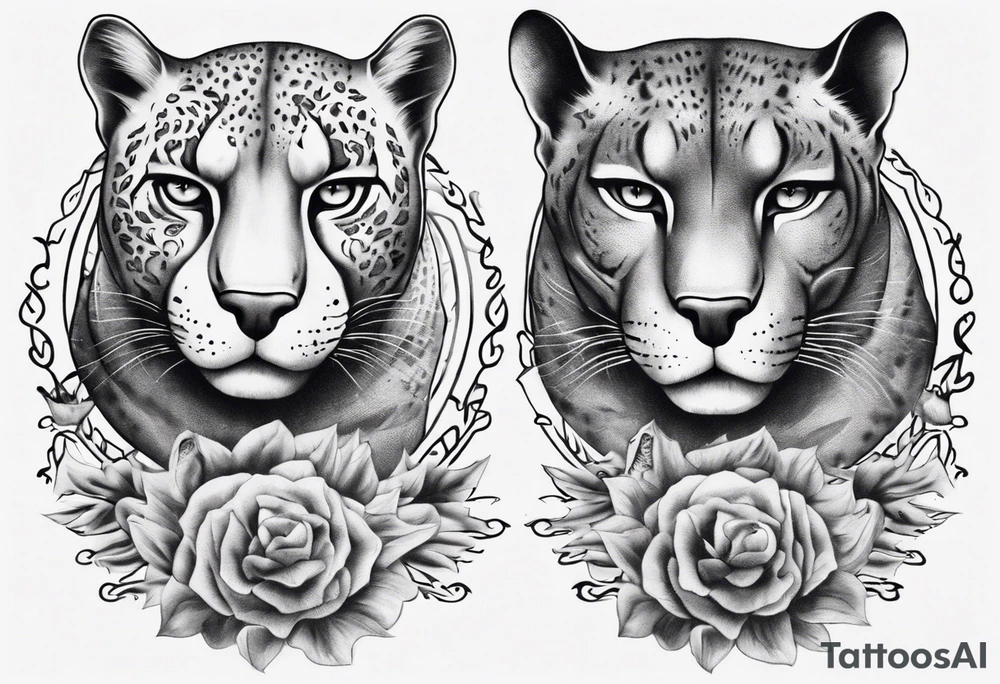 Generate a tattoo concept featuring two black pumas positioned on either side of a central element. Emphasize the pumas' details, such as their stance, facial expressions, and tail features. tattoo idea