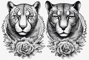 Generate a tattoo concept featuring two black pumas positioned on either side of a central element. Emphasize the pumas' details, such as their stance, facial expressions, and tail features. tattoo idea