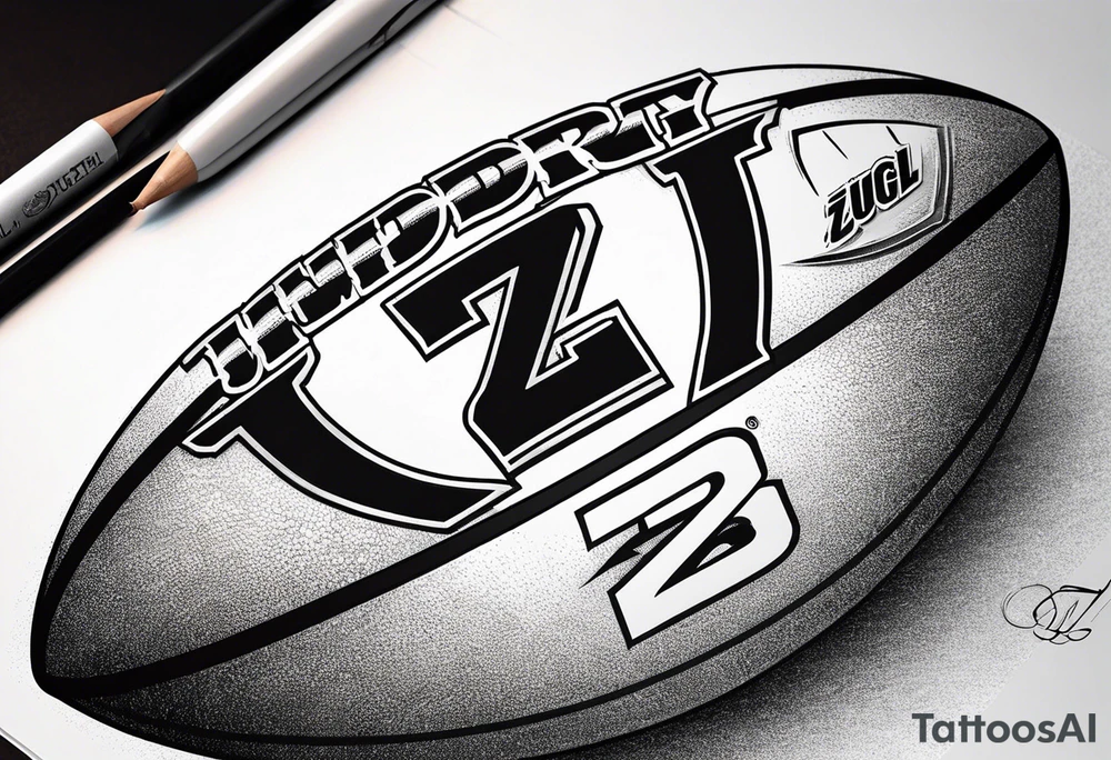 Rugby ball with Z J in the middle in the Gilbert font tattoo idea