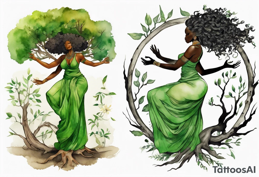a tree trunk with roots that is a beautiful black woman from the waist up, arms reaching up to the sun, wearing a green tunic tattoo idea