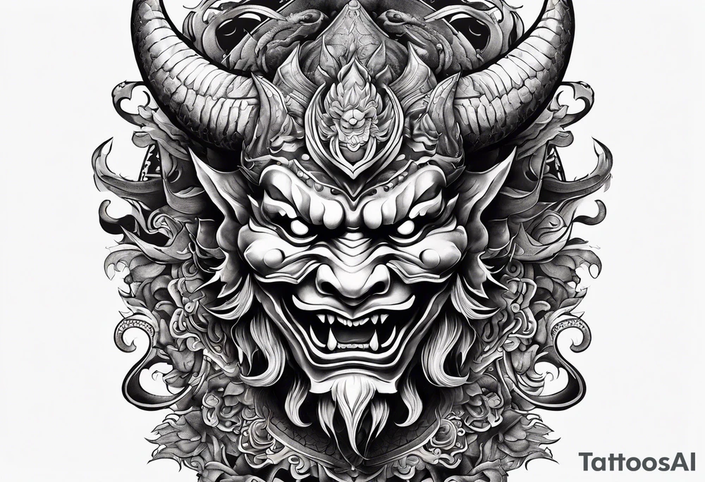 Oni mask with  adragon flying around the outside of it tattoo idea