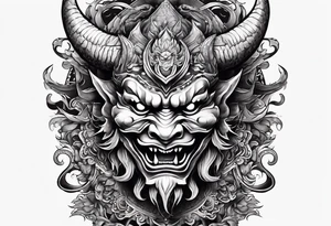 Oni mask with  adragon flying around the outside of it tattoo idea