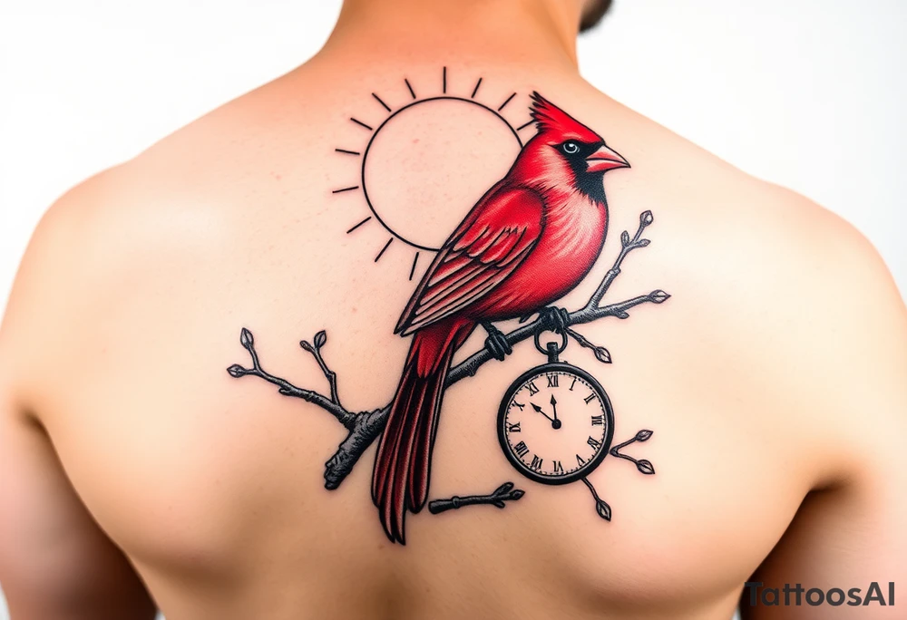 Create an image for a half sleeve tattoo on the right arm of a man.  The tattoo should incorporate a red cardinal bird on a tree branch with a sun and a clock.  It should also incorporate a quote of "Happiness is not by chance but by choice". tattoo idea