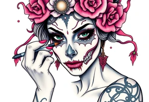 Young woman putting scary ritual make up on tattoo idea