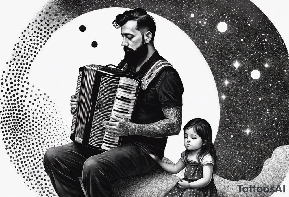 sad man with accordion and his young child girl tattoo idea