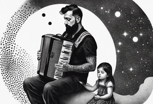 sad man with accordion and his young child girl tattoo idea