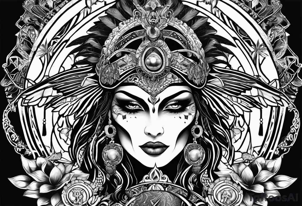 black kali, goddess pirate, alien, pachamama, valkrye, warrior, skull, lotus azul, wing, eagle, zenza resonance, stars, 5D tattoo idea