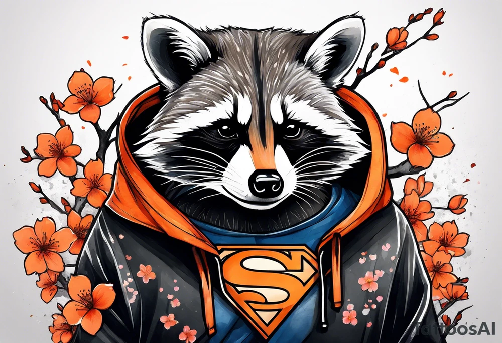 Raccoon wearing a white Superman logo on a black hoodie and orange Japanese cherry blossoms tattoo idea