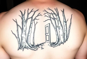 A wooded area with a doorway that is slightly ajar, leading to space tattoo idea