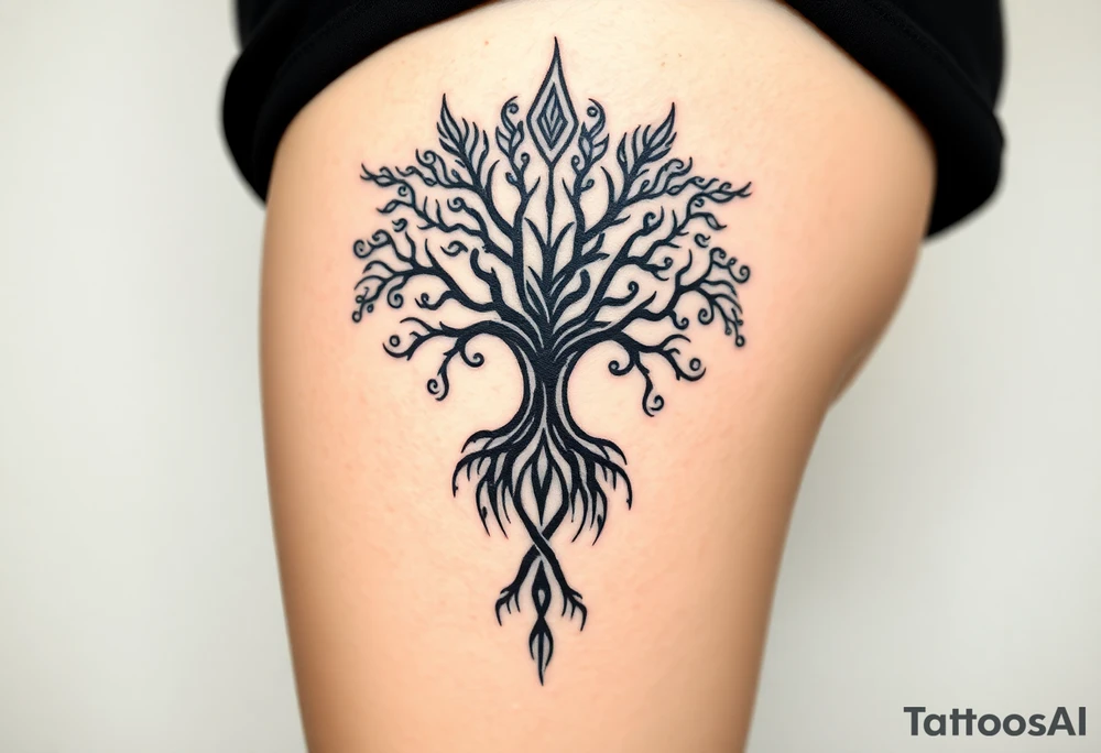 mystical tree of life with cosmic roots and celestial branches tattoo idea