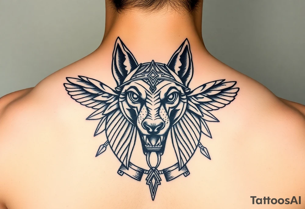 Egyptian Anubis god powerful face muscle in Egypt style dog face surrounded Egyptian symbols tattoo idea