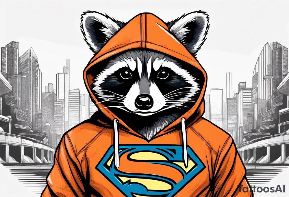 Raccoon wearing an orange Superman hoodie tattoo idea
